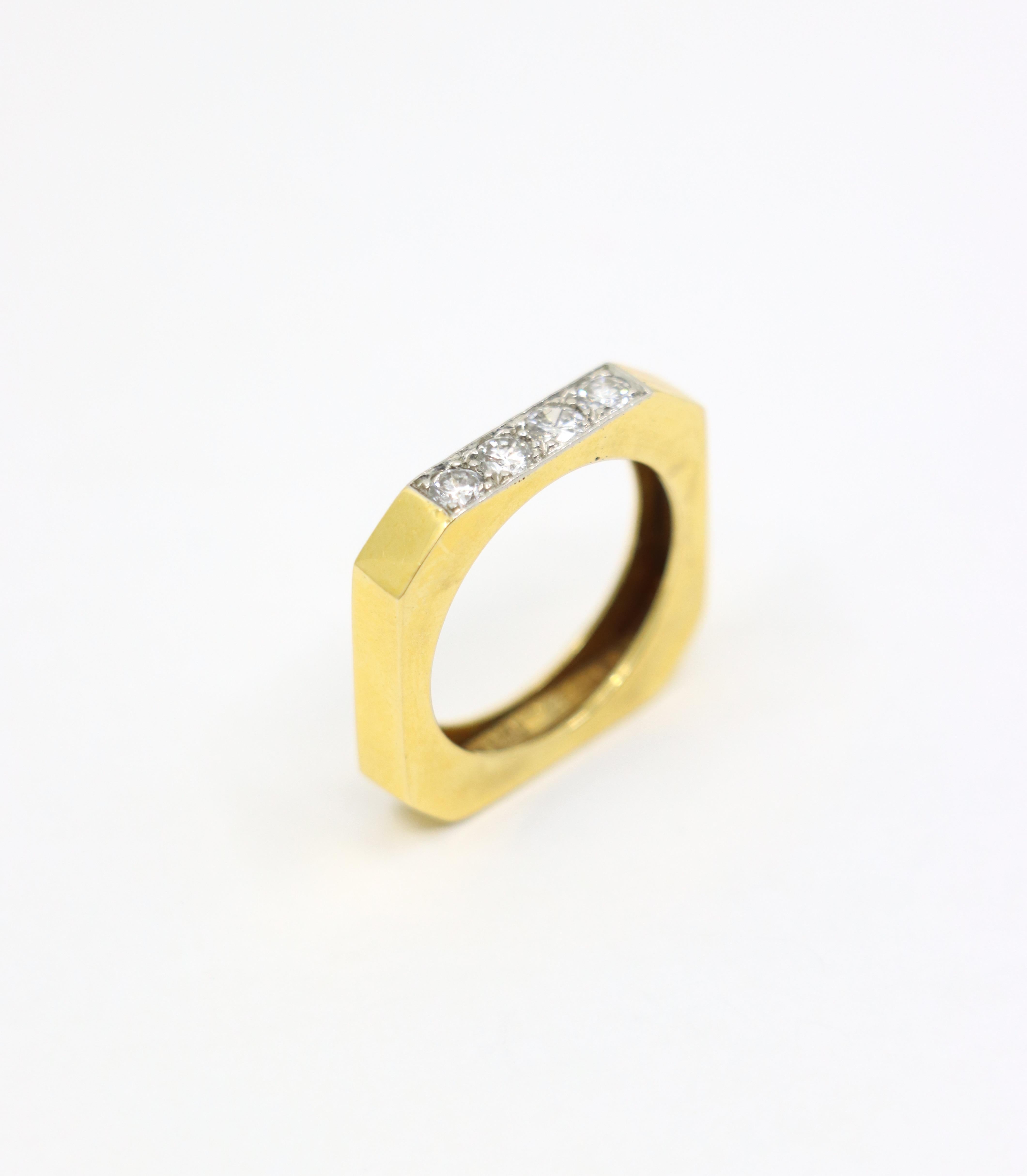 Round Cut David Webb 18K Gold Diamonds Square Ring For Sale