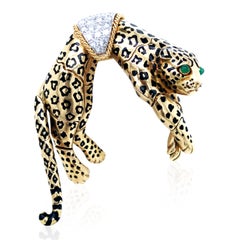 David Webb, 18K Gold Enamel Emerald Diamond Leopard Brooch