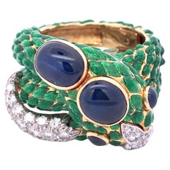 David Webb, 18K Gold Enamel Sapphire Diamond Snake Ring