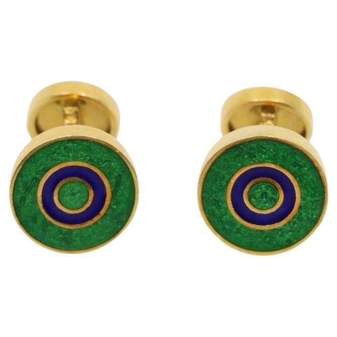 Boutons de manchette en or 18K avec émail vert et bleu David Webb