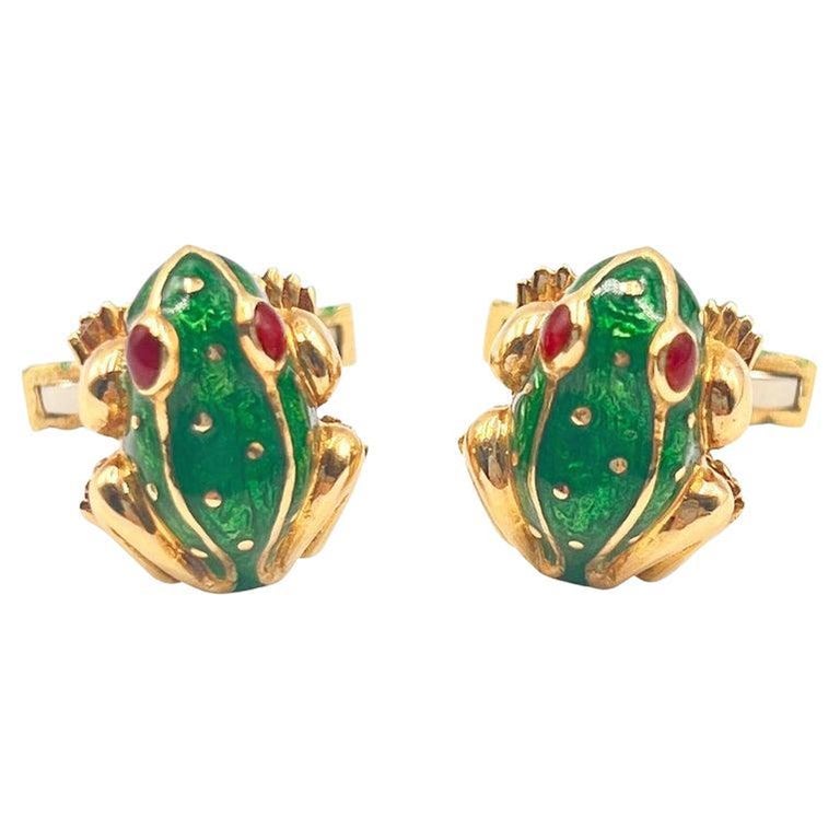 David Webb 18k Gold Green Enamel Ruby Frog Cufflinks For Sale