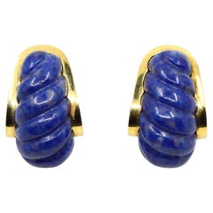 David Webb 18K Gold Lapis Lazuli J Hoop Earrings
