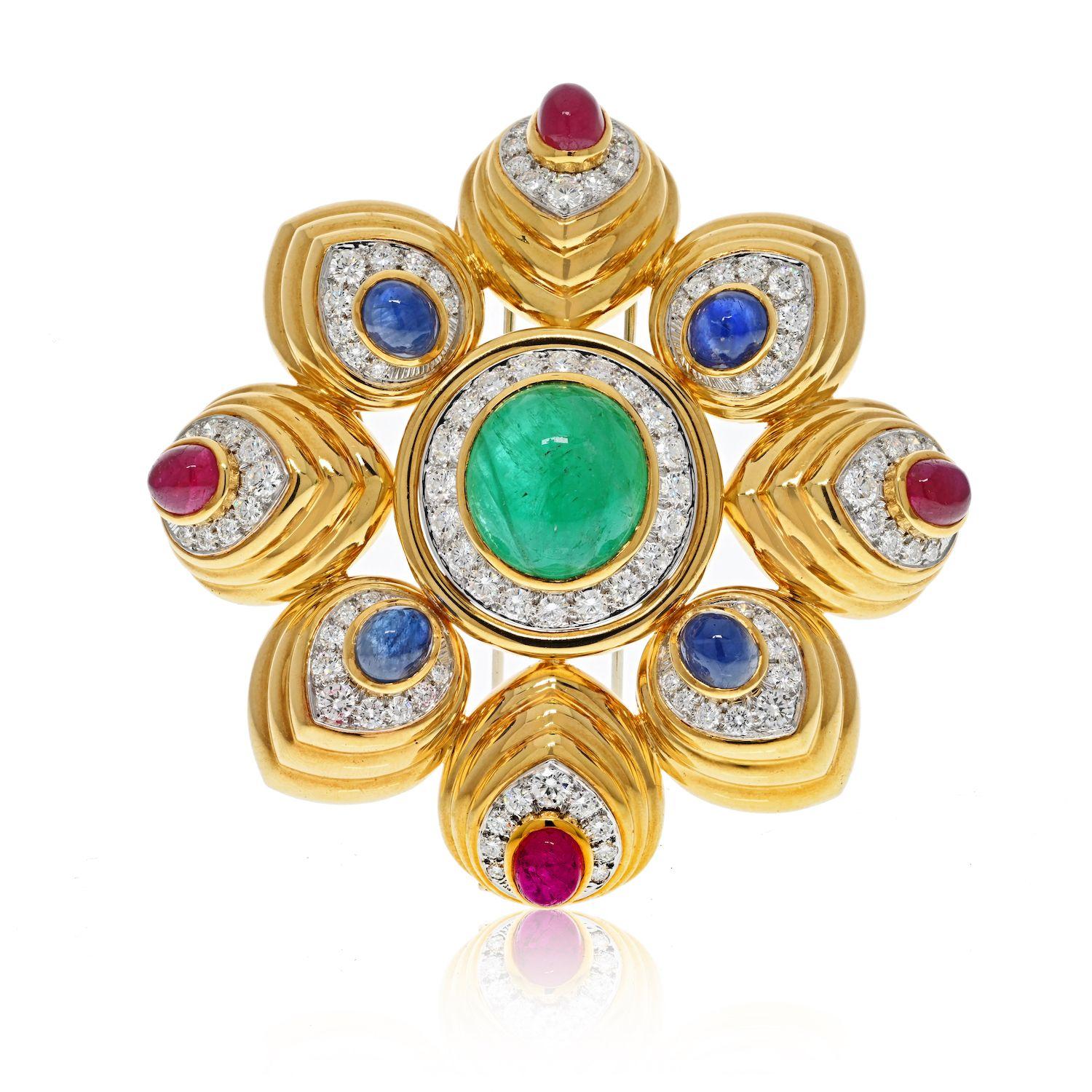 David Webb 18K Gold Multicolor Cabochon Gemstone and Diamond Maltese Brooch In Excellent Condition For Sale In New York, NY