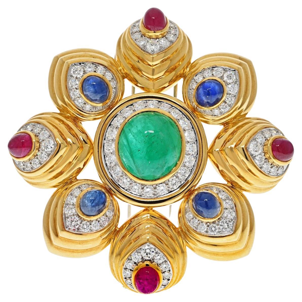 David Webb 18K Gold Multicolor Cabochon Gemstone and Diamond Maltese Brooch