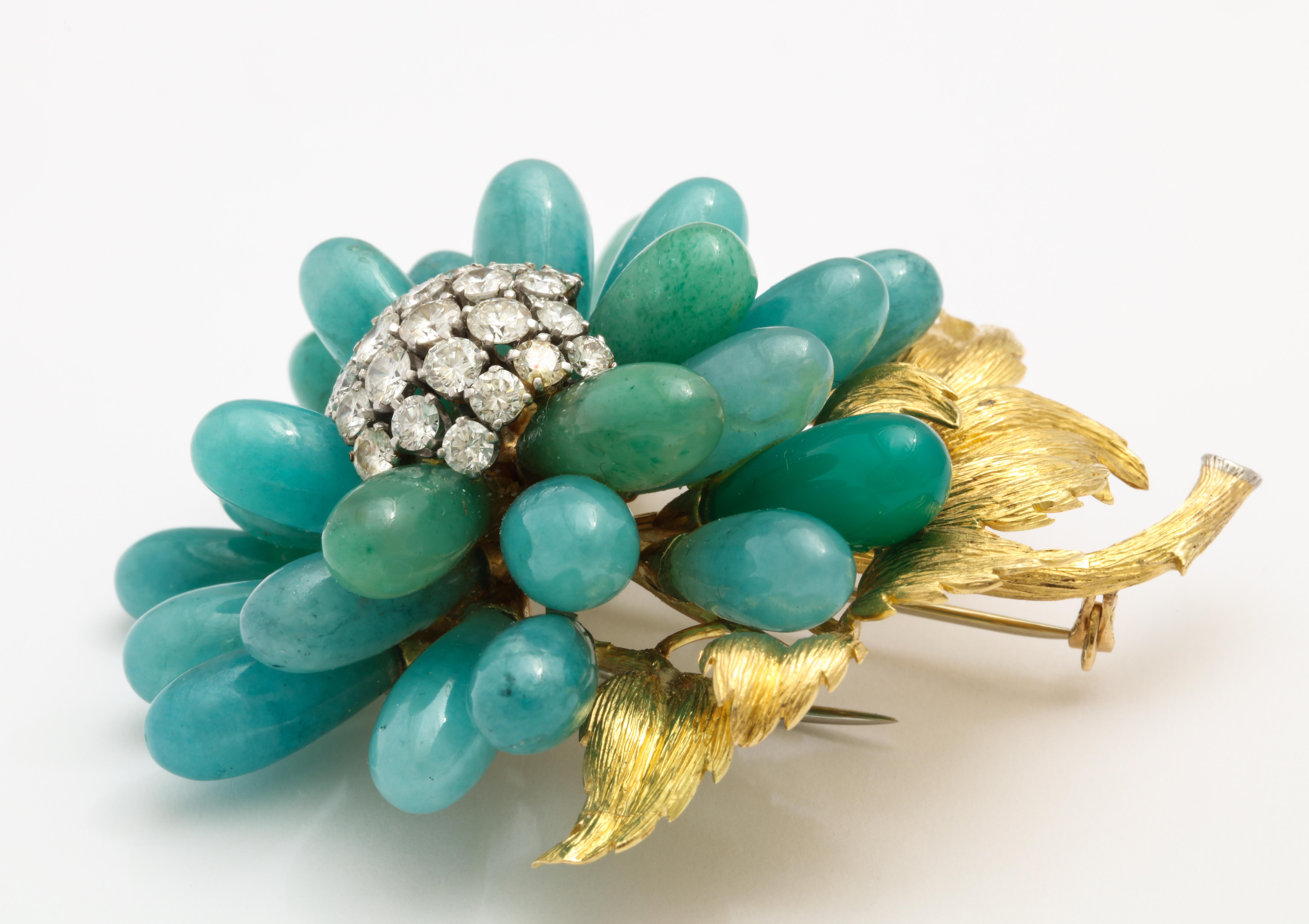 Contemporary David Webb 18 Karat Gold Nephrite Jade Chrysoprase and Diamond Brooch