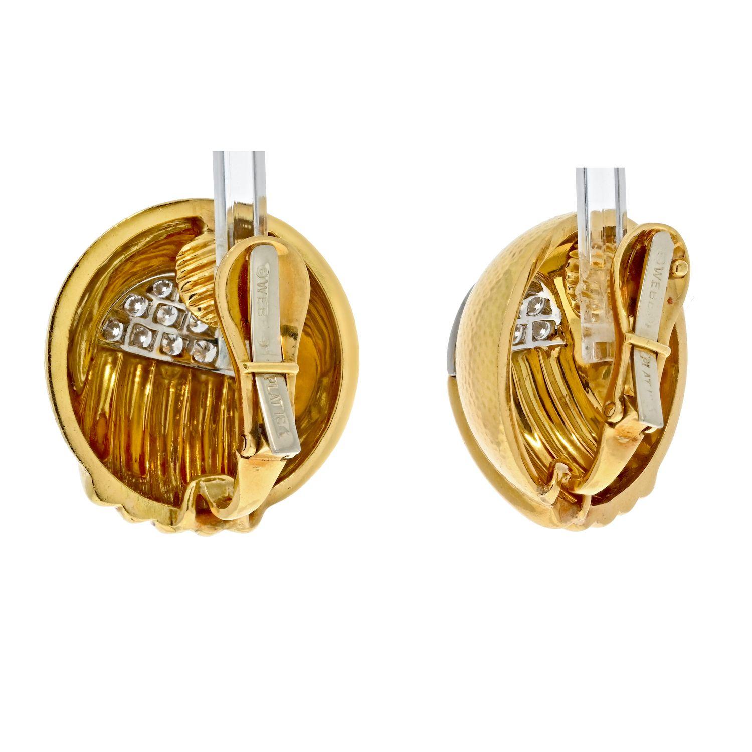 Round Cut David Webb 18K Gold Platinum and Diamond Round Dome Articulated Clip Earrings For Sale