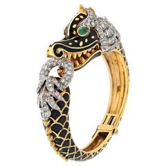 David Webb 18K Gold & Platinum Black Enamel Diamond Dragon Bangle Bracelet