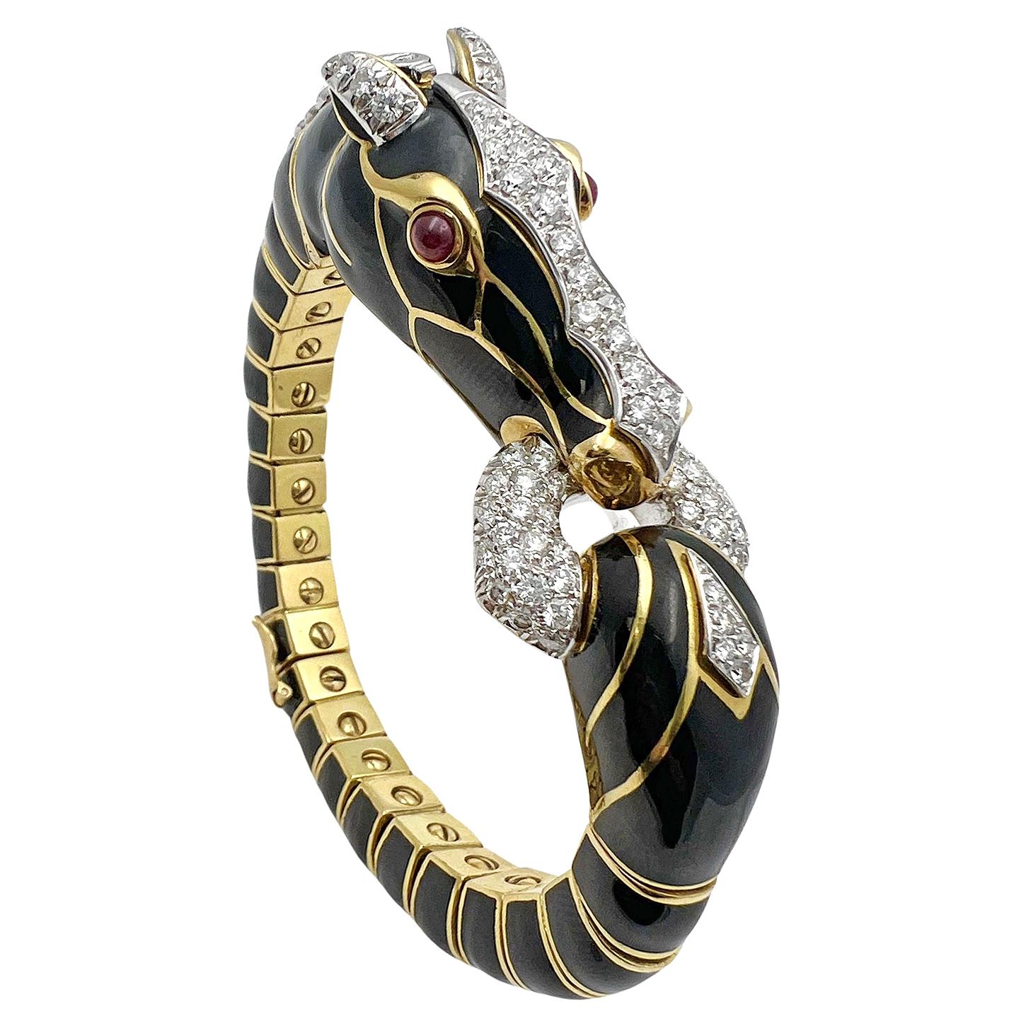 Round Cut David Webb 18k Gold Platinum Black Enamel Diamond Horse Bracelet