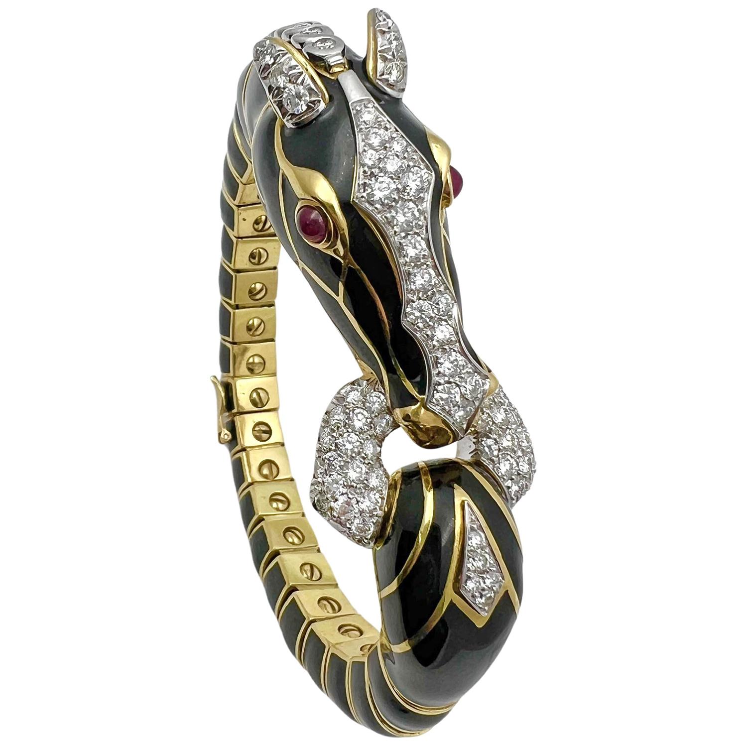 David Webb 18k Gold Platinum Black Enamel Diamond Horse Bracelet