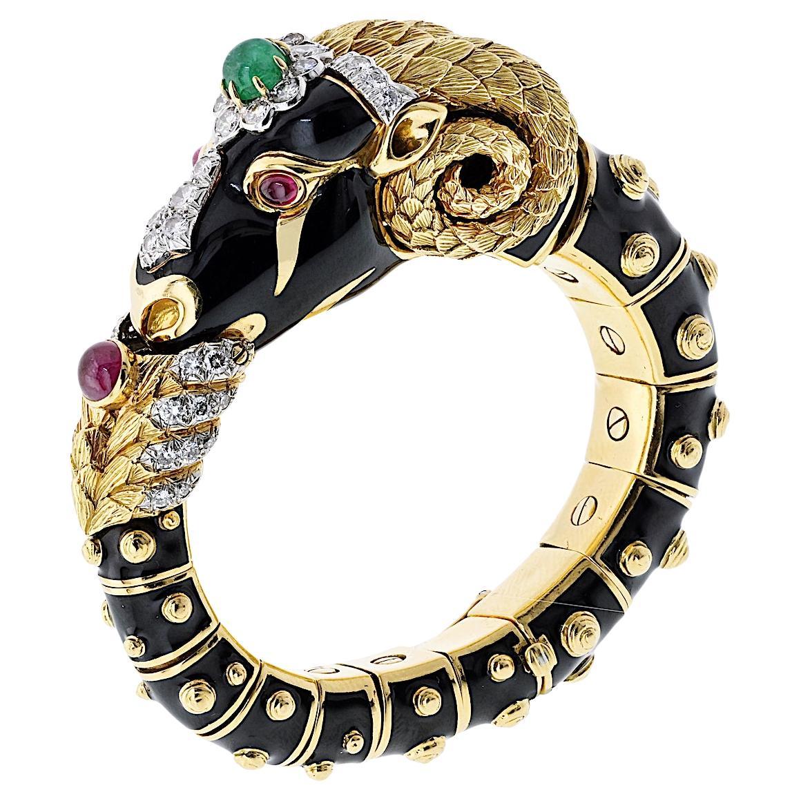David Webb 18K Gold and Platinum Black Enamel Ram Bangle Bracelet