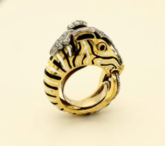 David Webb 18K Gold & Platinum Diamond Enamel Zebra Ring