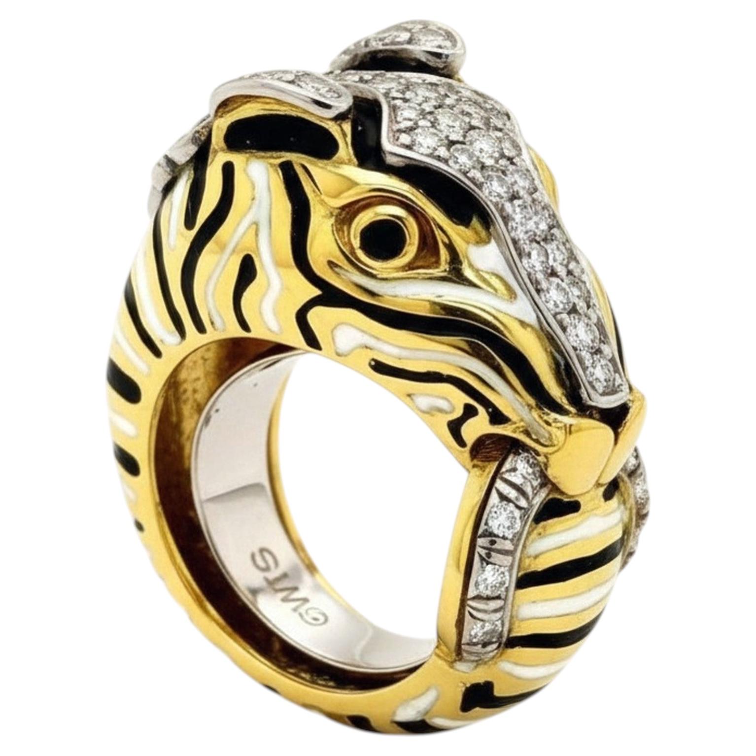 David Webb 18K Gold & Platinum Diamond Enamel Zebra Ring For Sale
