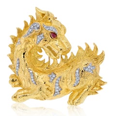 David Webb 18K Gold & Platinum Dragon Diamond Pendant Brooch