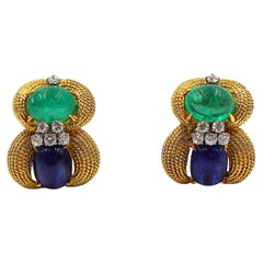 David Webb 18K Gold Platinum Emerald Sapphire Diamond Earclips