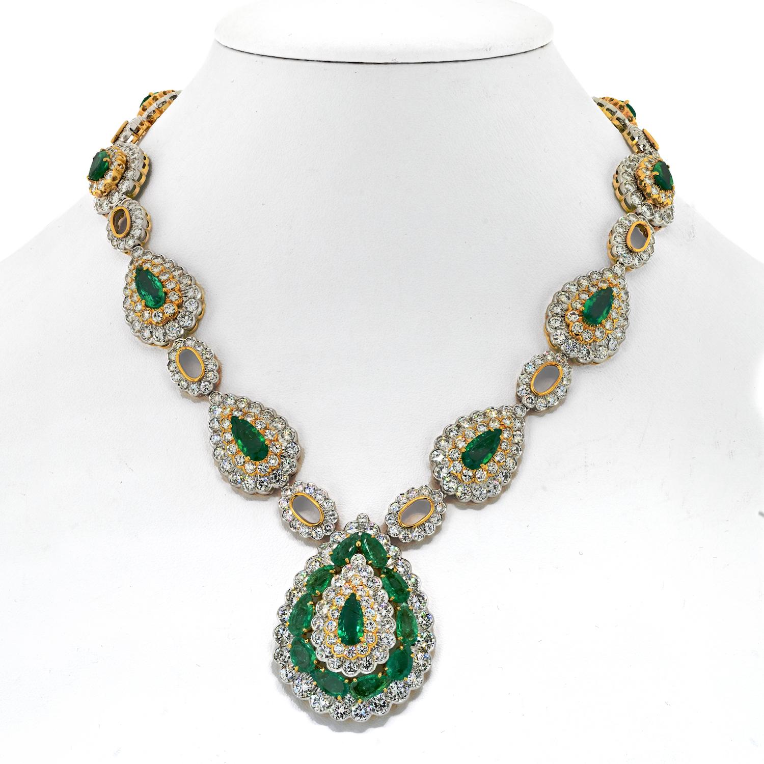 Immerse yourself in the vivid world of color with this exuberant, voluptuous, and audacious diamond and emerald necklace by David Webb. A vintage masterpiece crafted in platinum and yellow gold, this necklace is a celebration of luxury, design, and