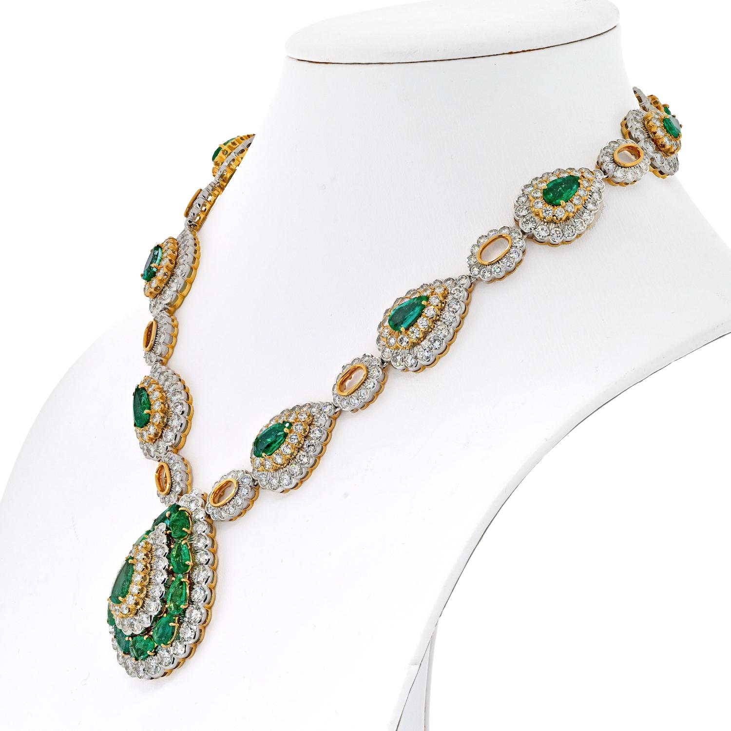 Modern David Webb 18K Gold & Platinum Green Emerald And Diamond Necklace For Sale