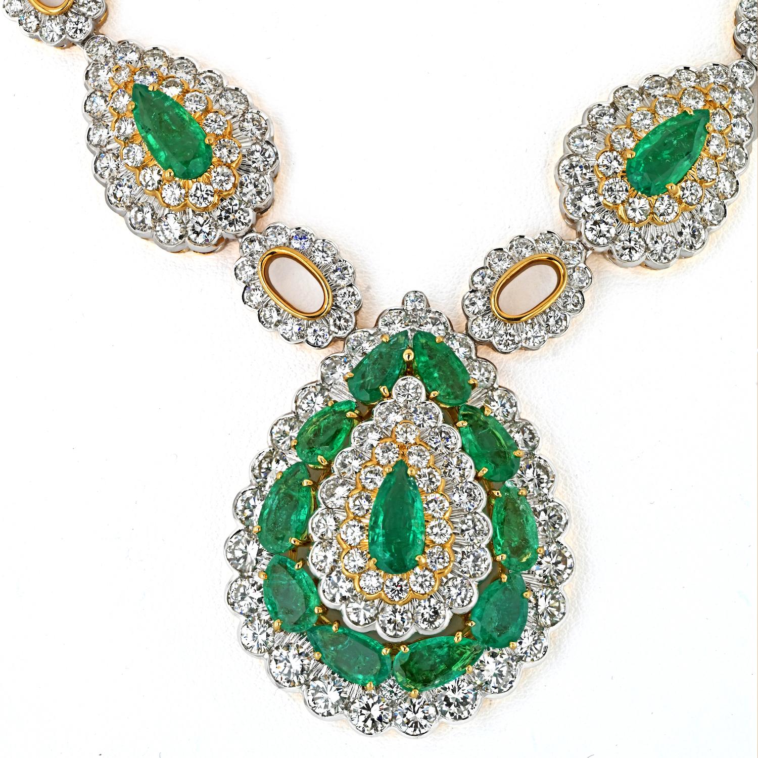Pear Cut David Webb 18K Gold & Platinum Green Emerald And Diamond Necklace For Sale