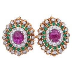 David Webb 18K Gold & Platinum Ruby, Emerald & 3.86 TCW Diamond Omega Earrings