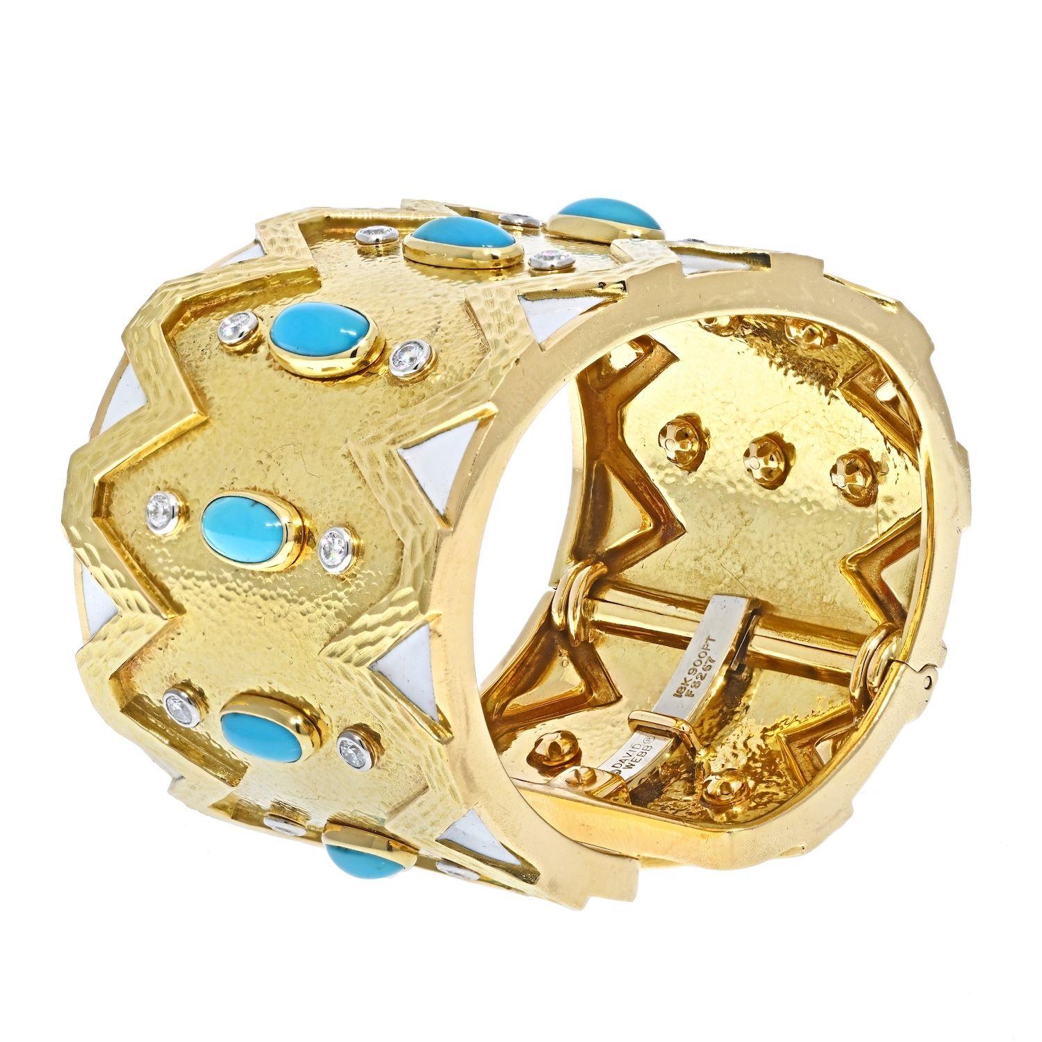 Modern David Webb 18K Gold Rickrack Turquoise, Diamond, White Enamel Cuff Bracelet For Sale