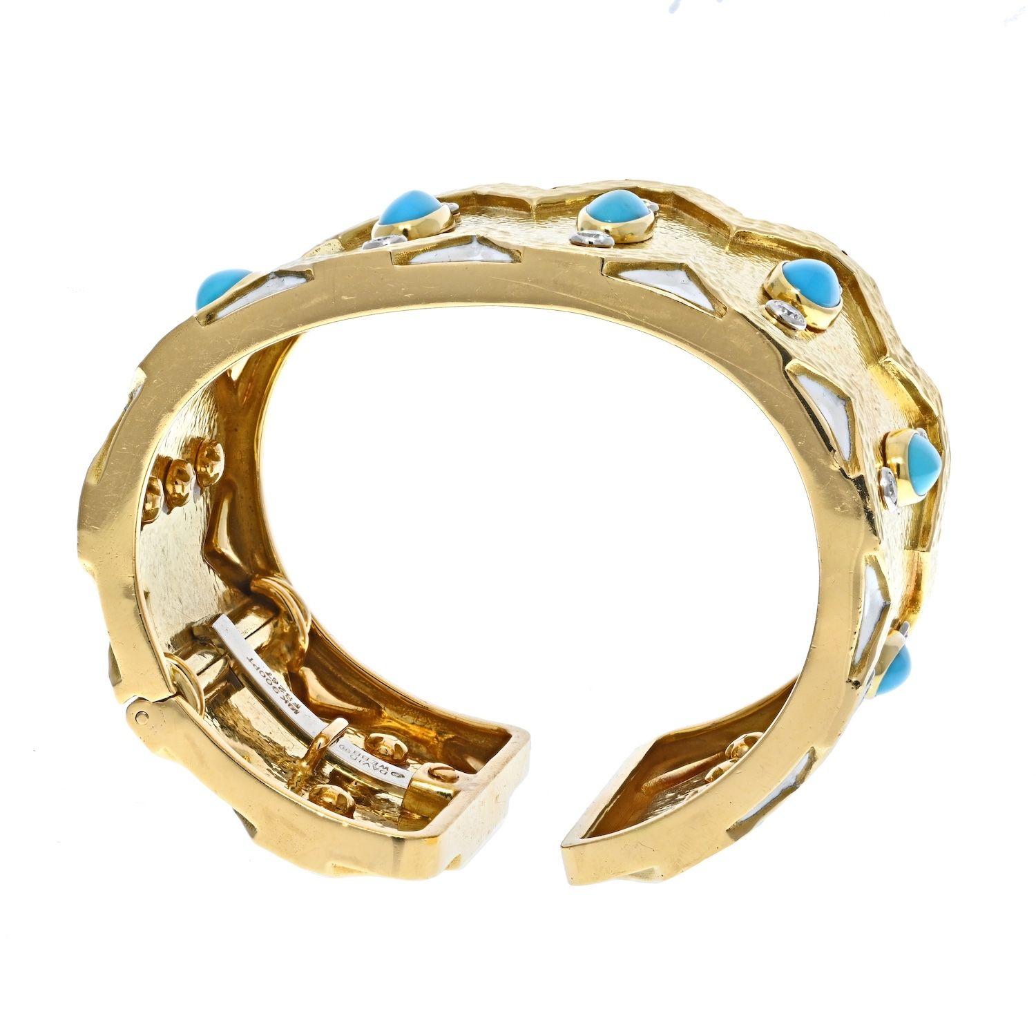 Round Cut David Webb 18K Gold Rickrack Turquoise, Diamond, White Enamel Cuff Bracelet For Sale