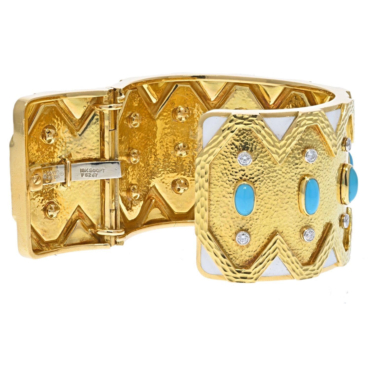 Women's David Webb 18K Gold Rickrack Turquoise, Diamond, White Enamel Cuff Bracelet For Sale
