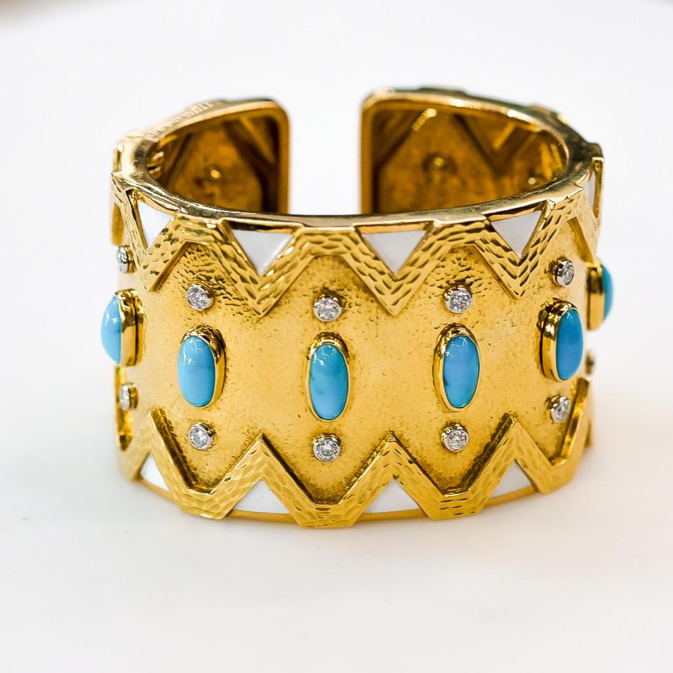 David Webb 18K Gold Rickrack Turquoise, Diamond, White Enamel Cuff Bracelet For Sale 2