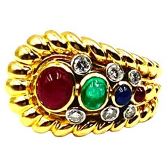David Webb 18k Gold Ruby Emerald Sapphire Diamond Ring