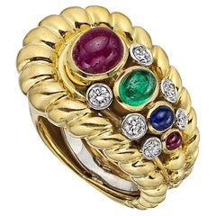 David Webb 18k Gold Ruby Emerald Sapphire Diamond Ring