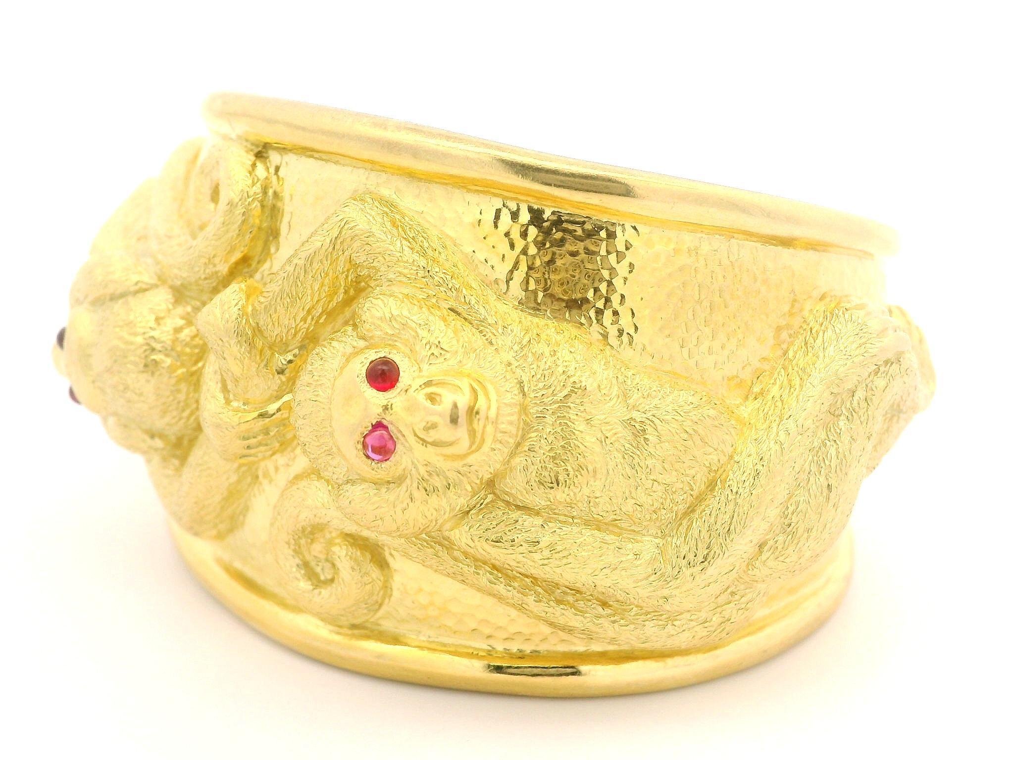 David Webb 18k Gold Ruby Repousse Monkey Wide Hinged Cuff Bracelet w/ Papers 5