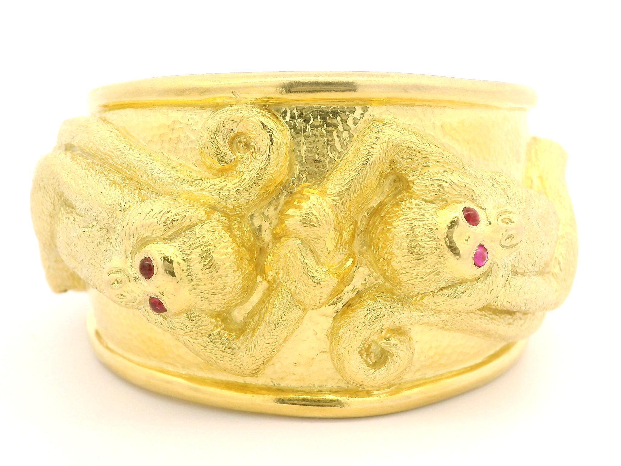 David Webb 18k Gold Ruby Repousse Monkey Wide Hinged Cuff Bracelet w/ Papers 6
