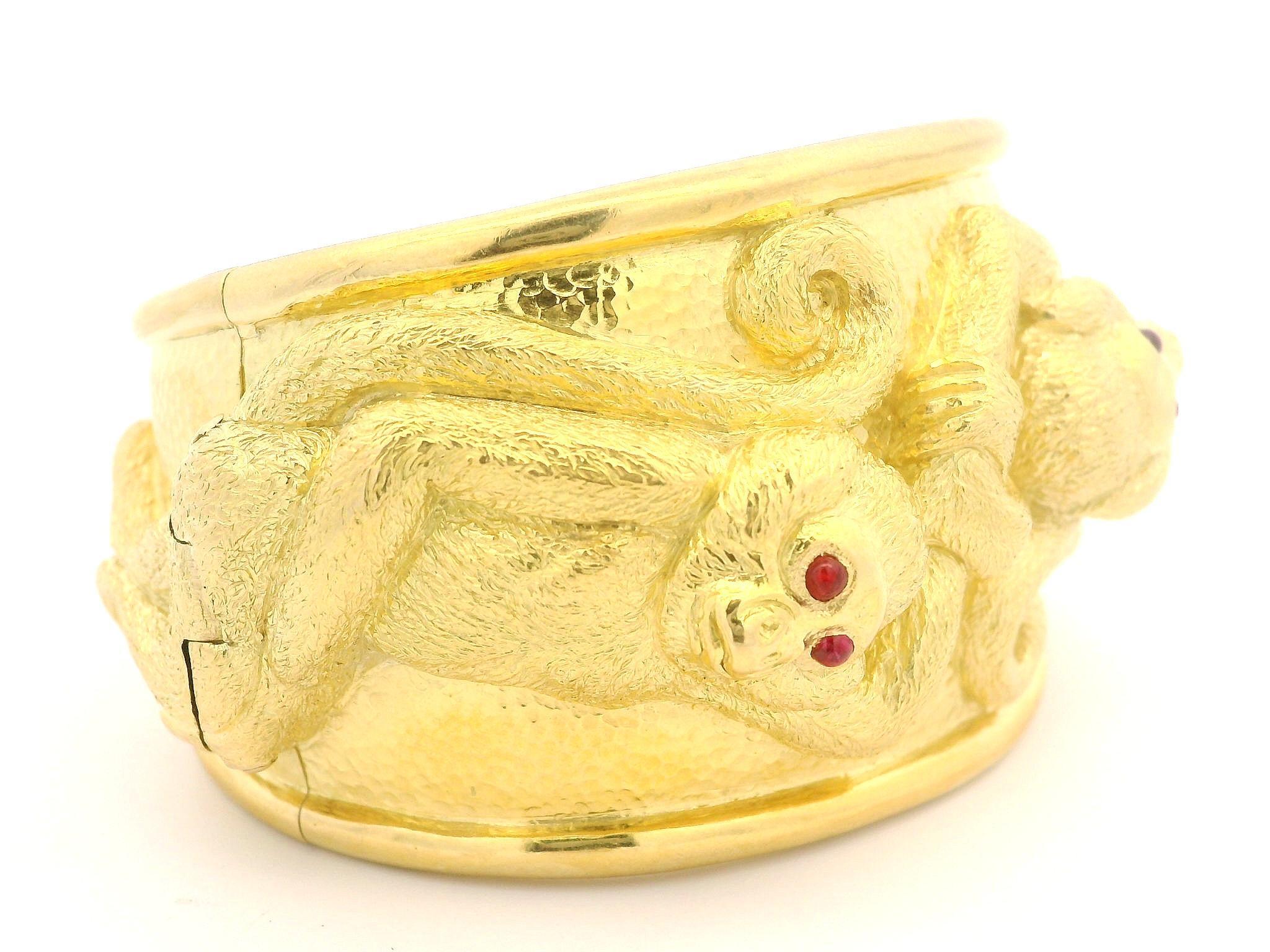 David Webb 18k Gold Ruby Repousse Monkey Wide Hinged Cuff Bracelet w/ Papers 7