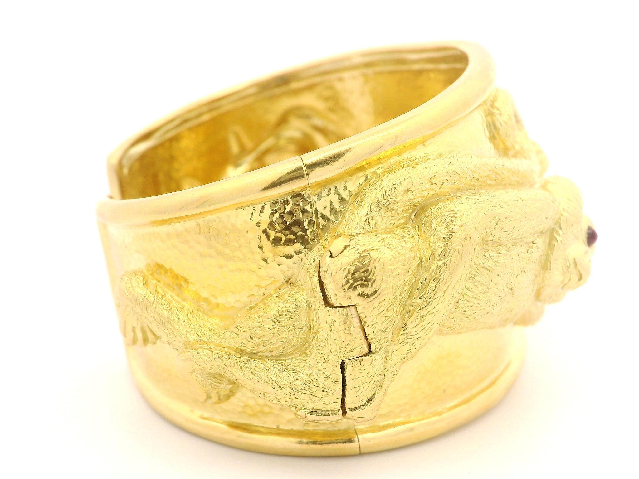 David Webb 18k Gold Ruby Repousse Monkey Wide Hinged Cuff Bracelet w/ Papers 8