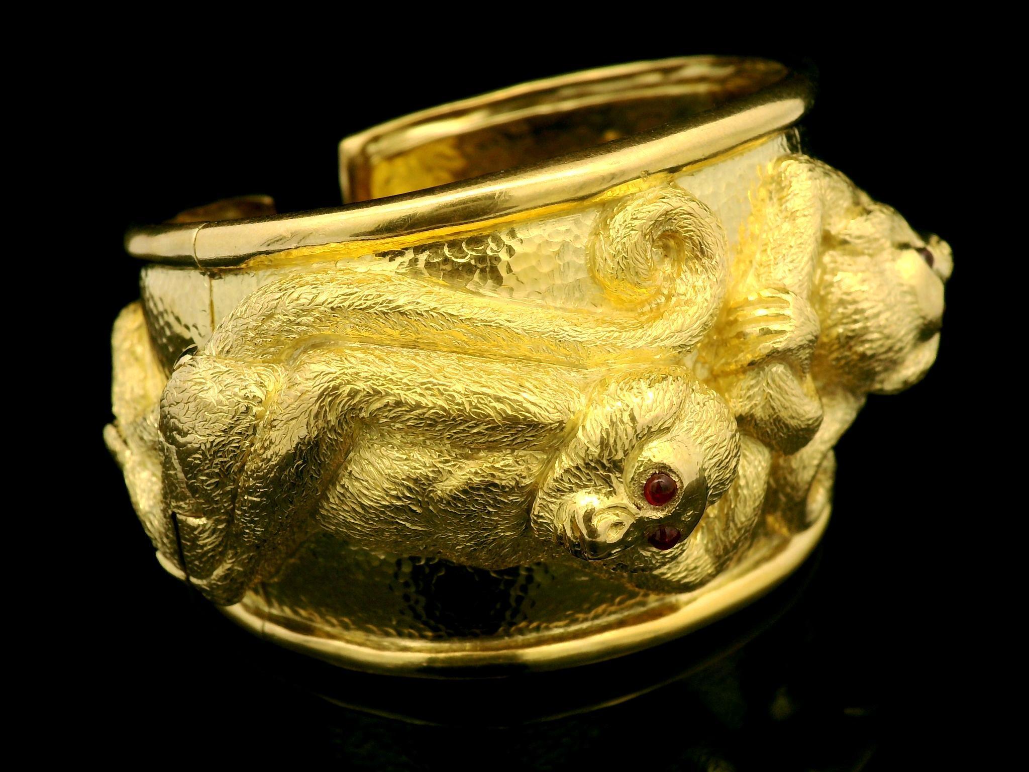 Women's David Webb 18k Gold Ruby Repousse Monkey Wide Hinged Cuff Bracelet w/ Papers