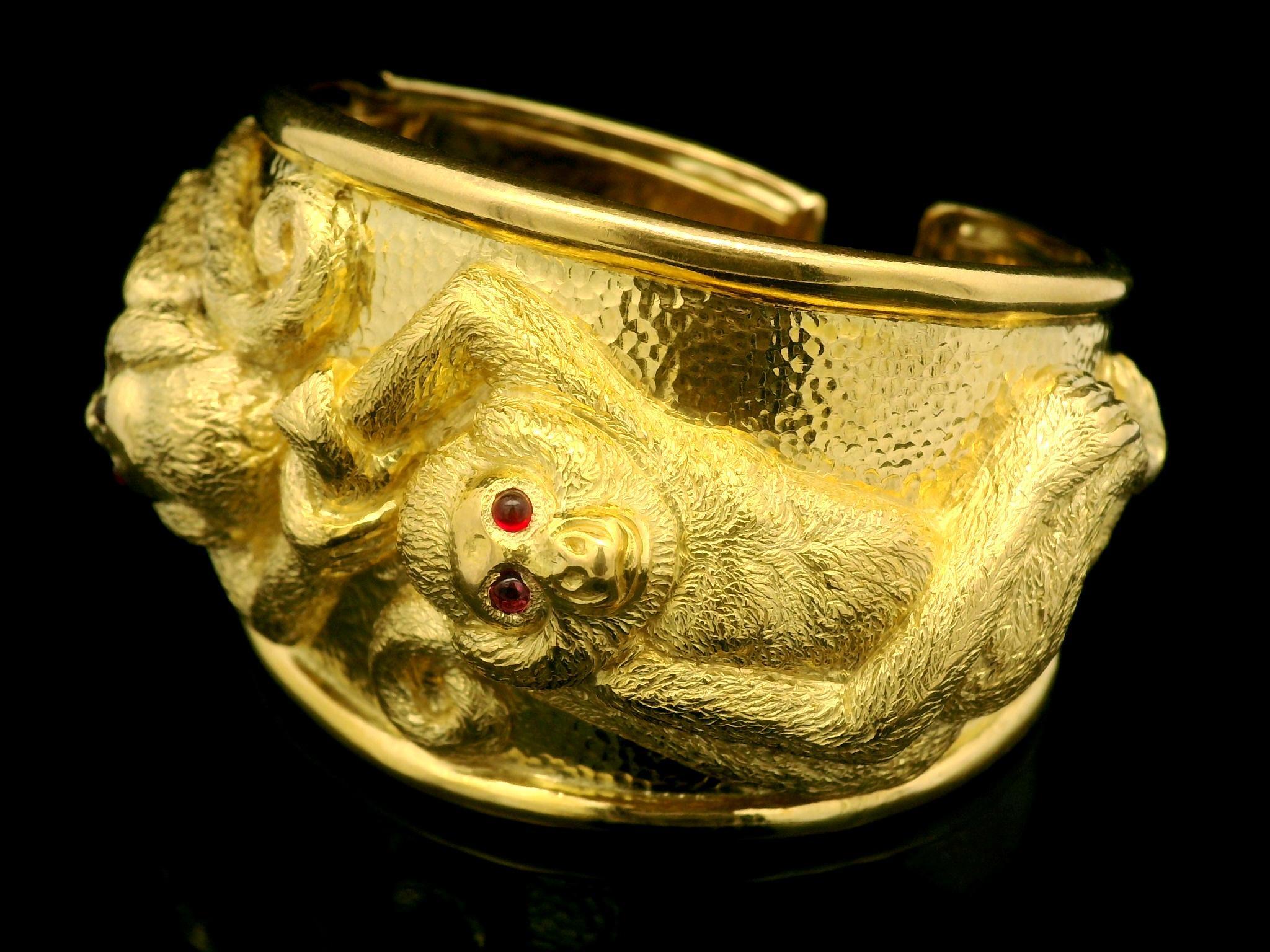 David Webb 18k Gold Ruby Repousse Monkey Wide Hinged Cuff Bracelet w/ Papers 1