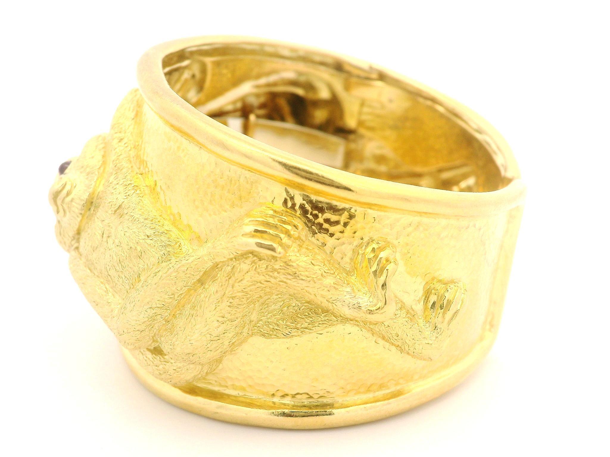 David Webb 18k Gold Ruby Repousse Monkey Wide Hinged Cuff Bracelet w/ Papers 4