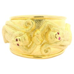 David Webb 18k Gold Ruby Repousse Monkey Wide Hinged Cuff Bracelet w/ Papers