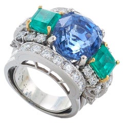 David Webb 18 Karat Gold, Sapphire, Emerald and Diamond Ring