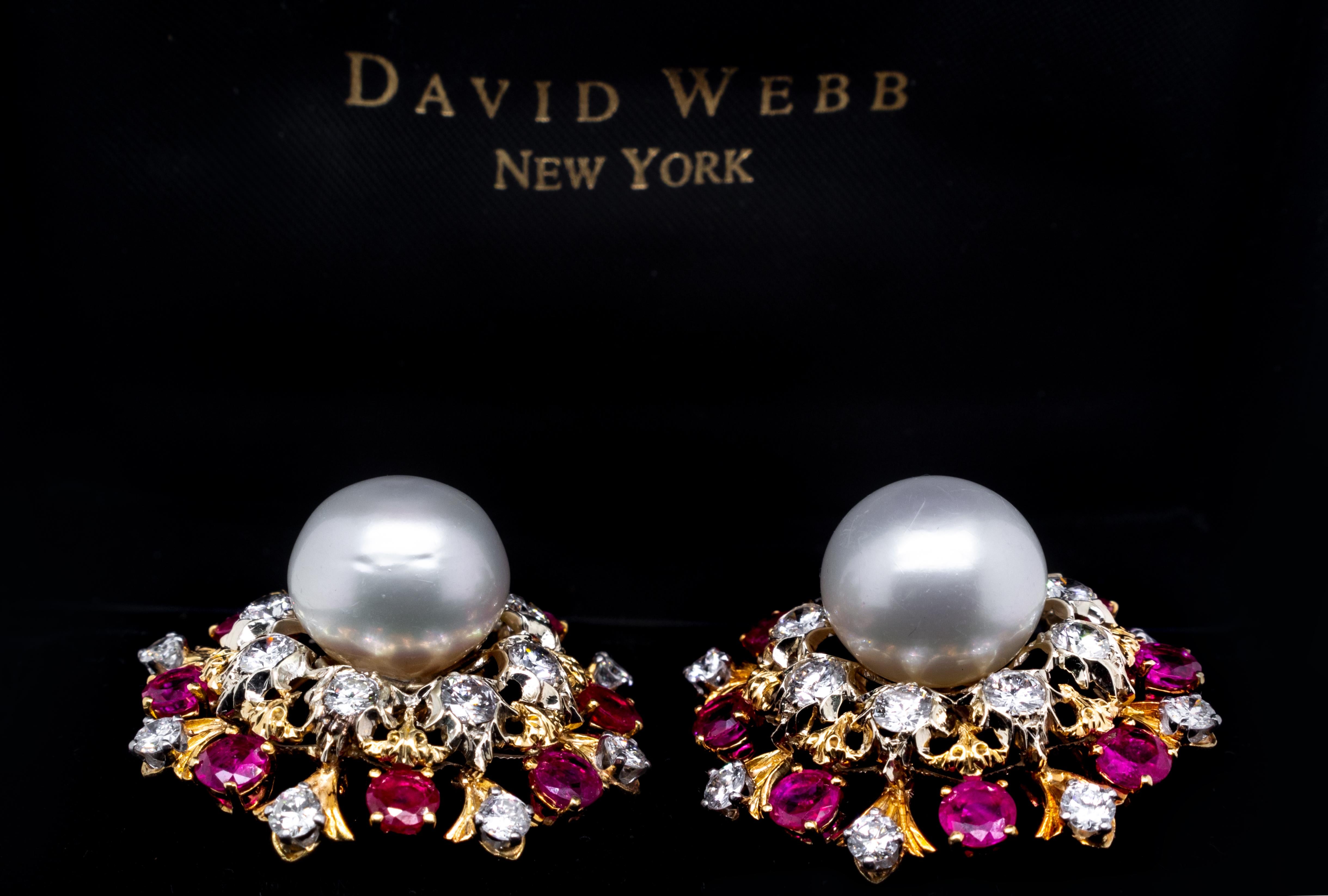 David Webb 18 Karat Gold South Sea Cultured Pearl Diamond and Ruby Earrings For Sale 2
