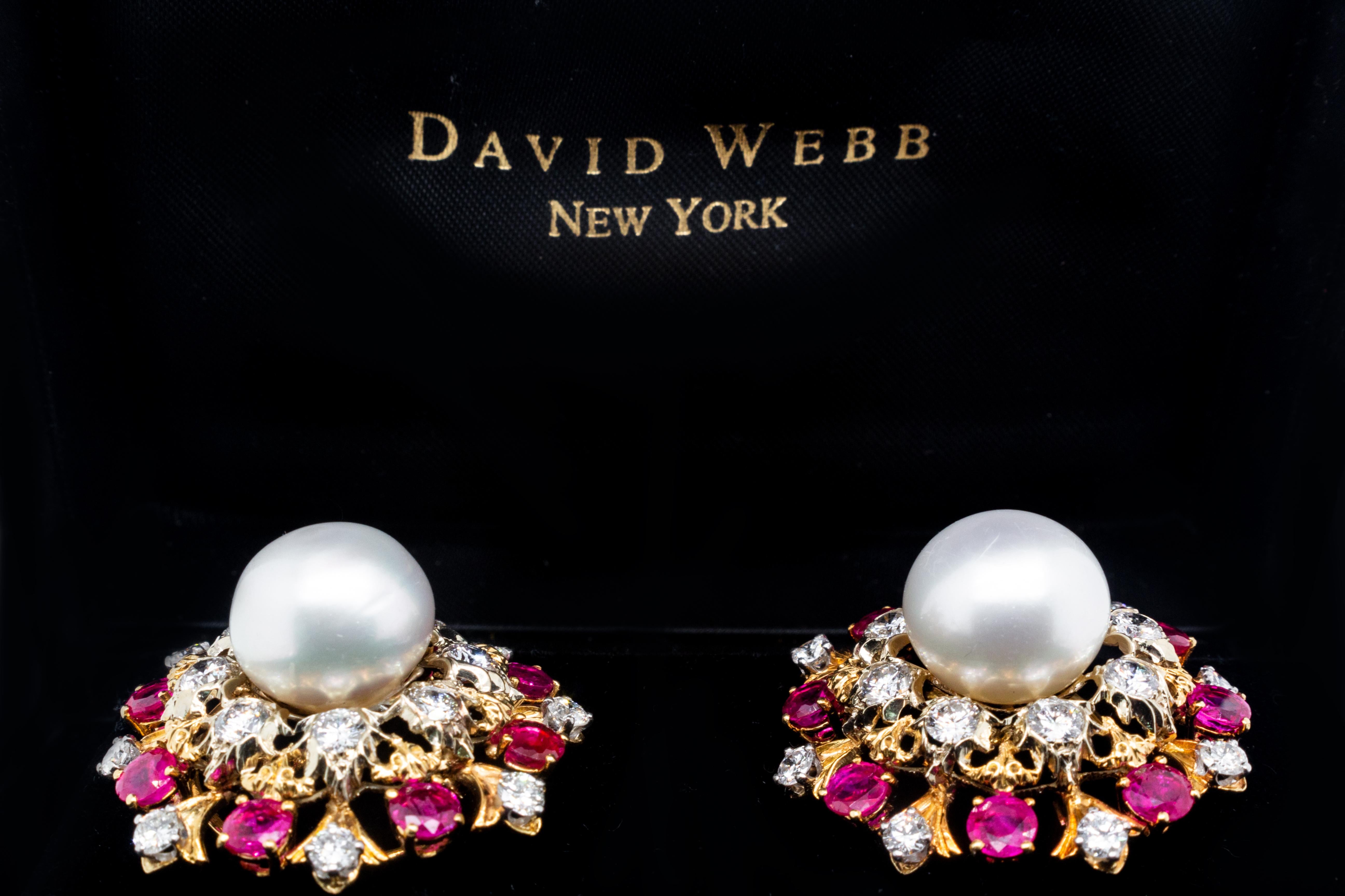 David Webb 18 Karat Gold South Sea Cultured Pearl Diamond and Ruby Earrings For Sale 3