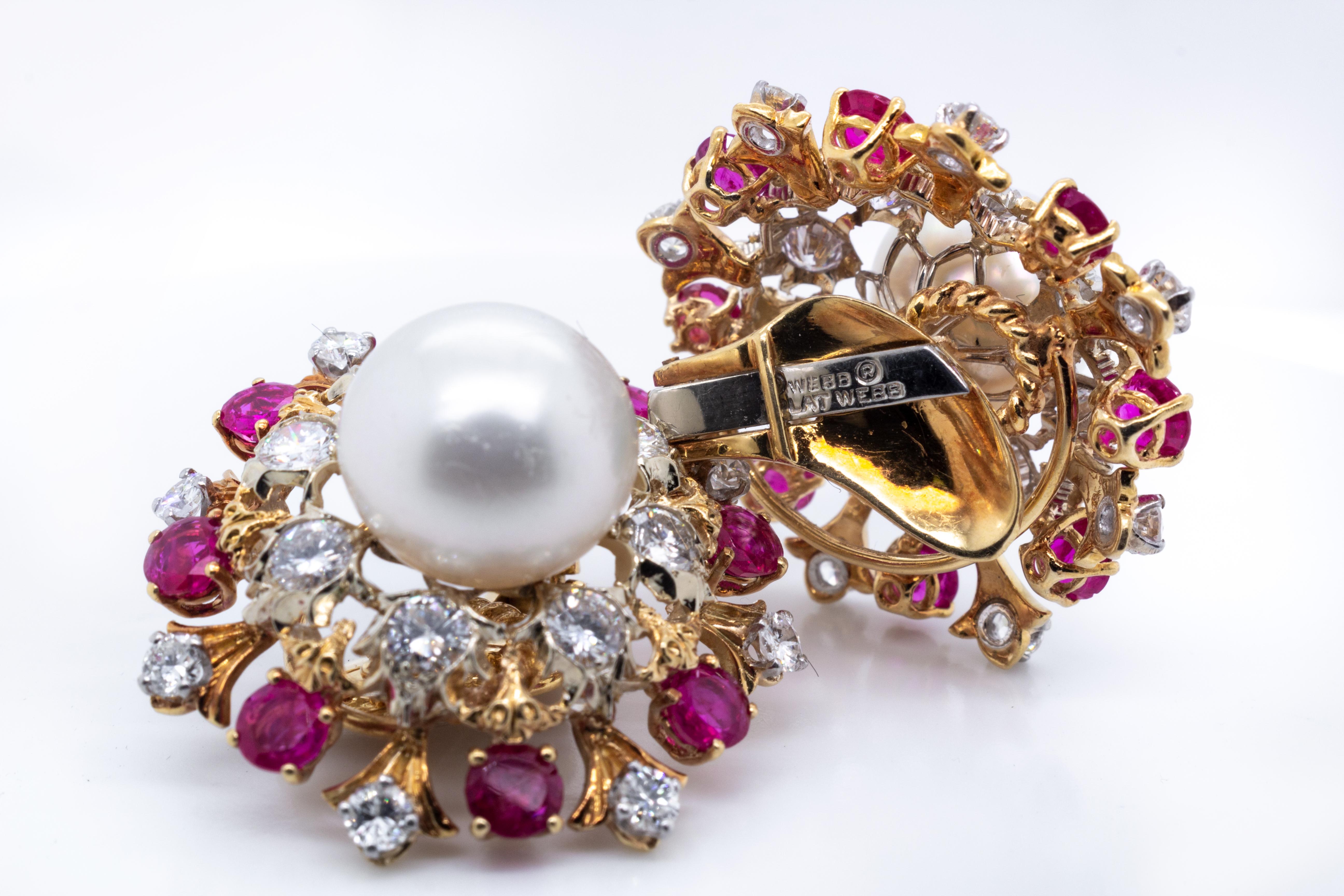 Pendientes David Webb de oro de 18 quilates con perlas cultivadas del Mar del Sur, diamantes y rubíes en venta 4