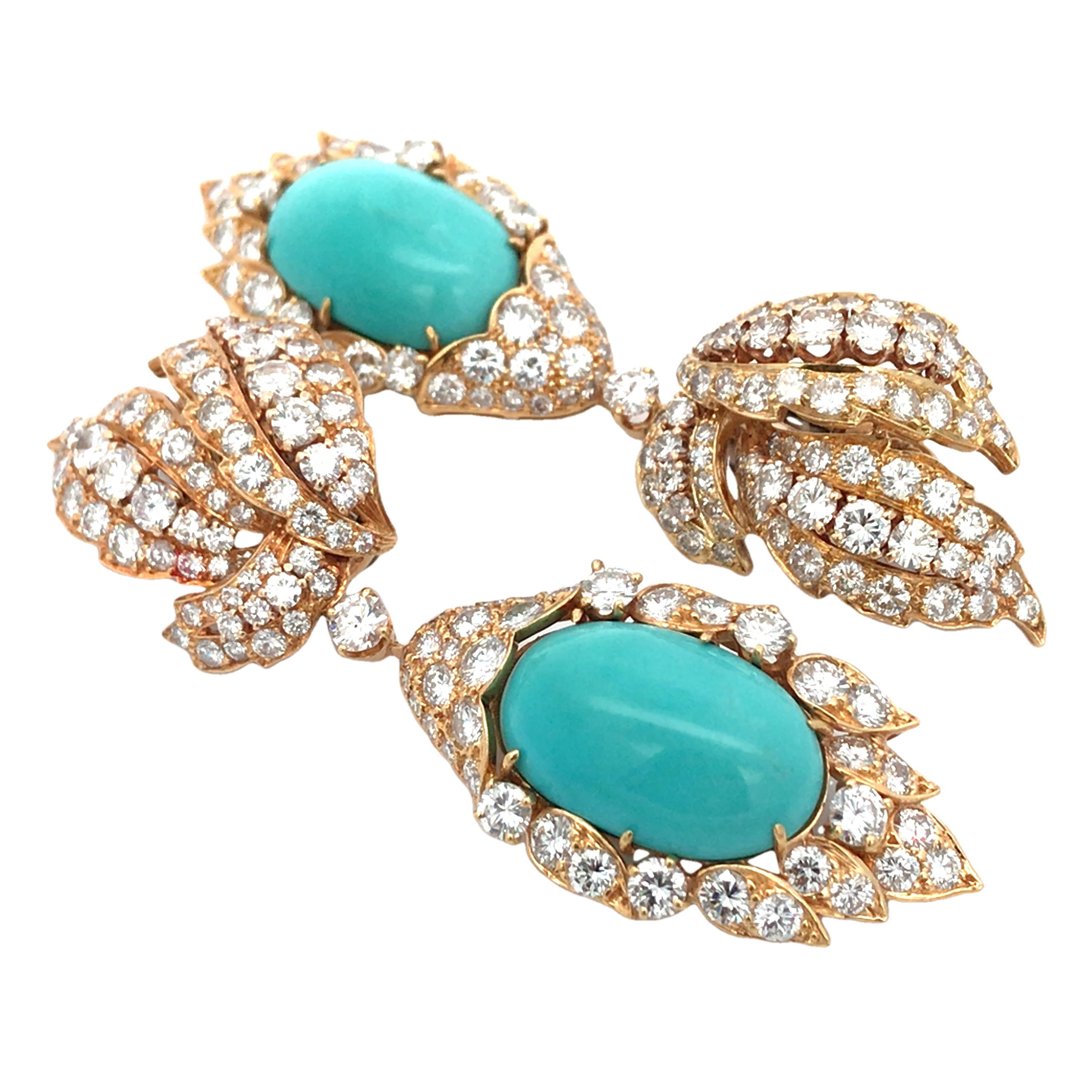 Mixed Cut David Webb, 18K Gold Turquoise Diamond Earrings For Sale