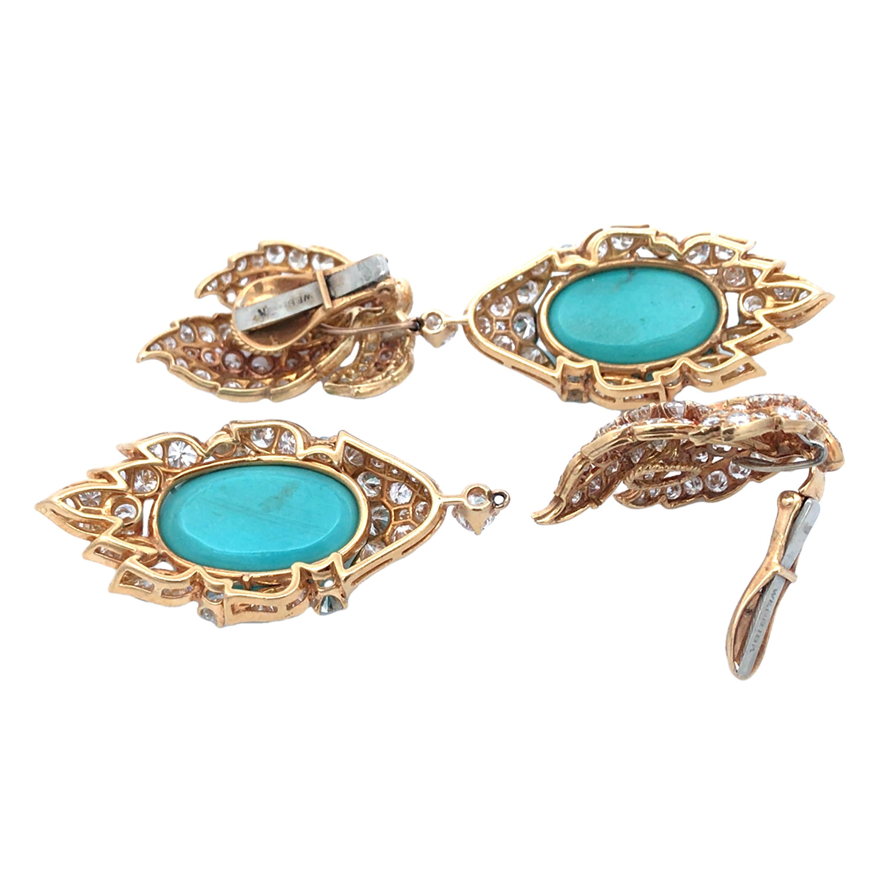 David Webb, 18K Gold Turquoise Diamond Earrings In Good Condition For Sale In New York, NY
