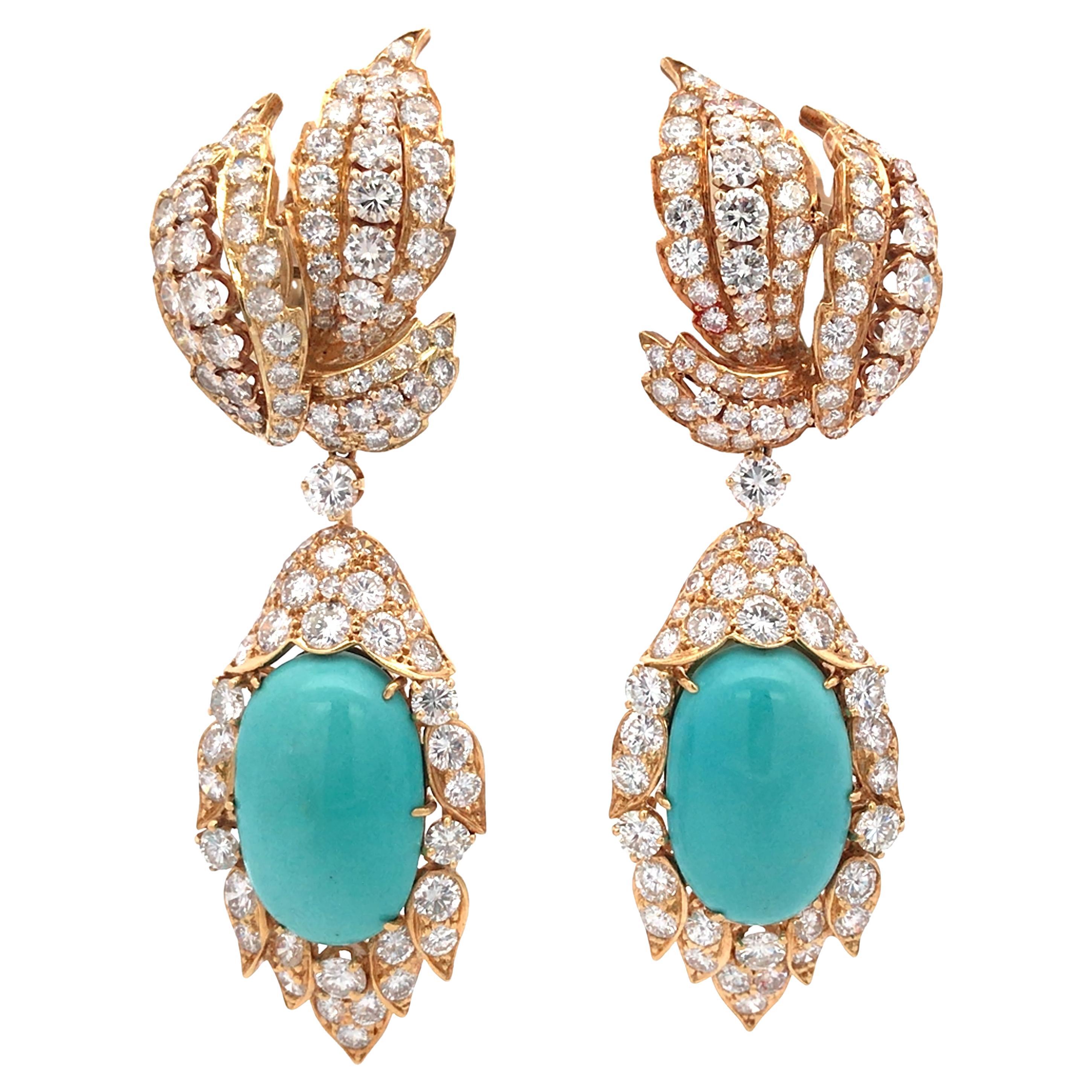 David Webb, 18K Gold Turquoise Diamond Earrings