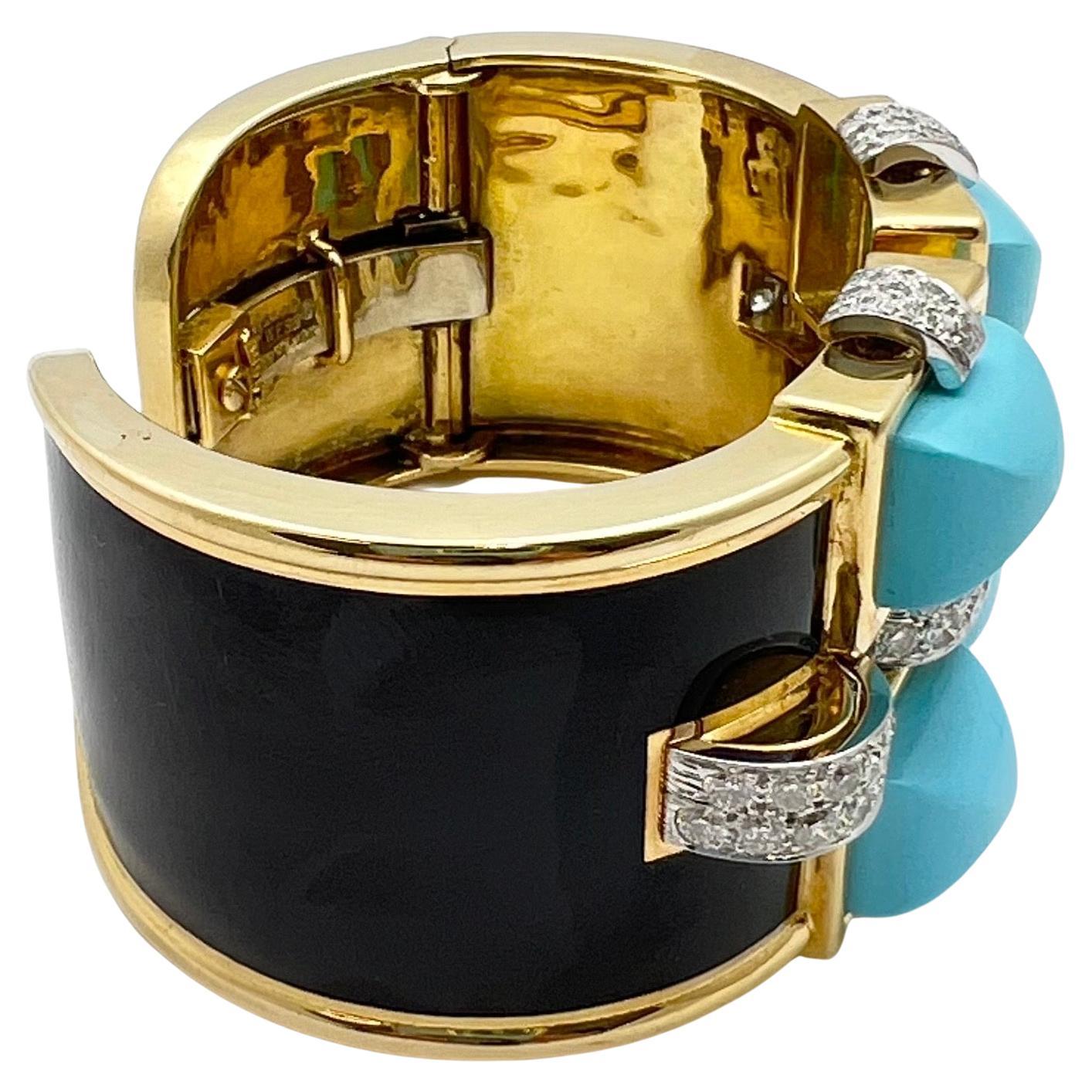 David Webb 18k Gold Türkis Diamant Emaille Bastille Manschette (Brillantschliff) im Angebot