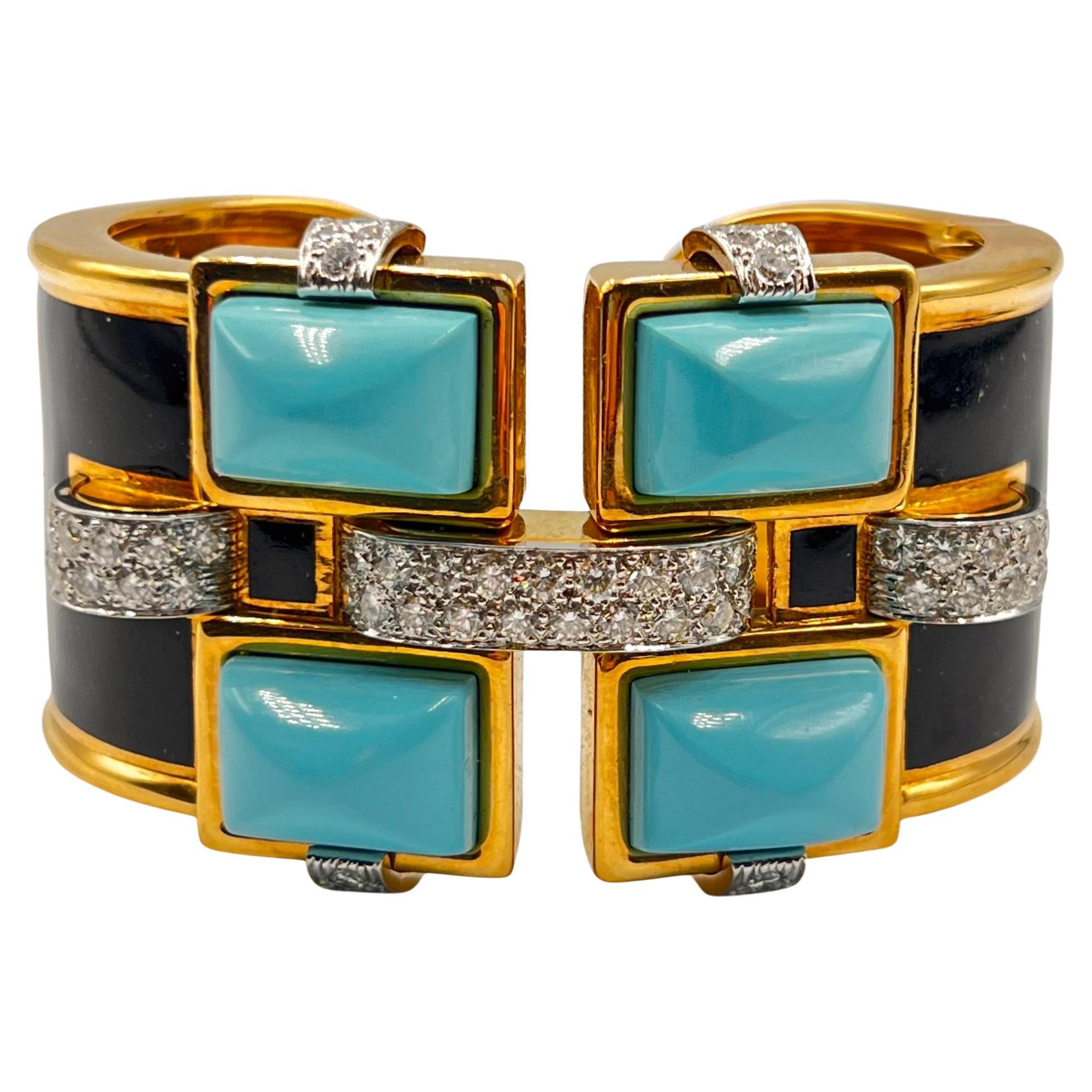 David Webb 18k Gold Türkis Diamant Emaille Bastille Manschette im Angebot 1