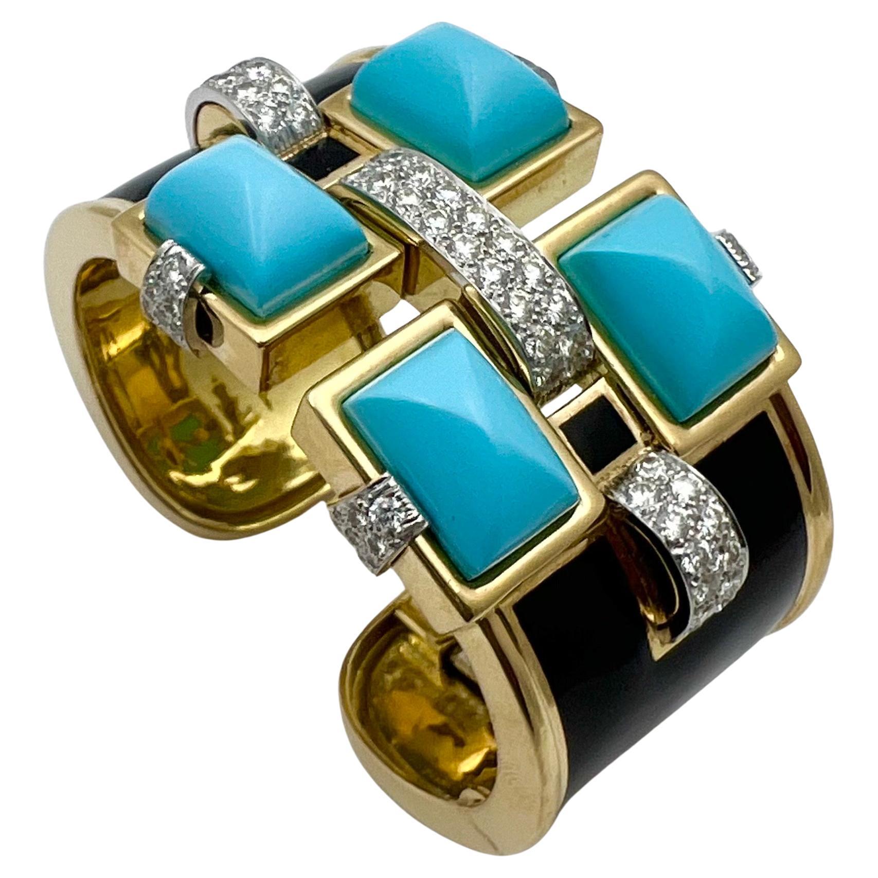 David Webb 18k Gold Türkis Diamant Emaille Bastille Manschette im Angebot