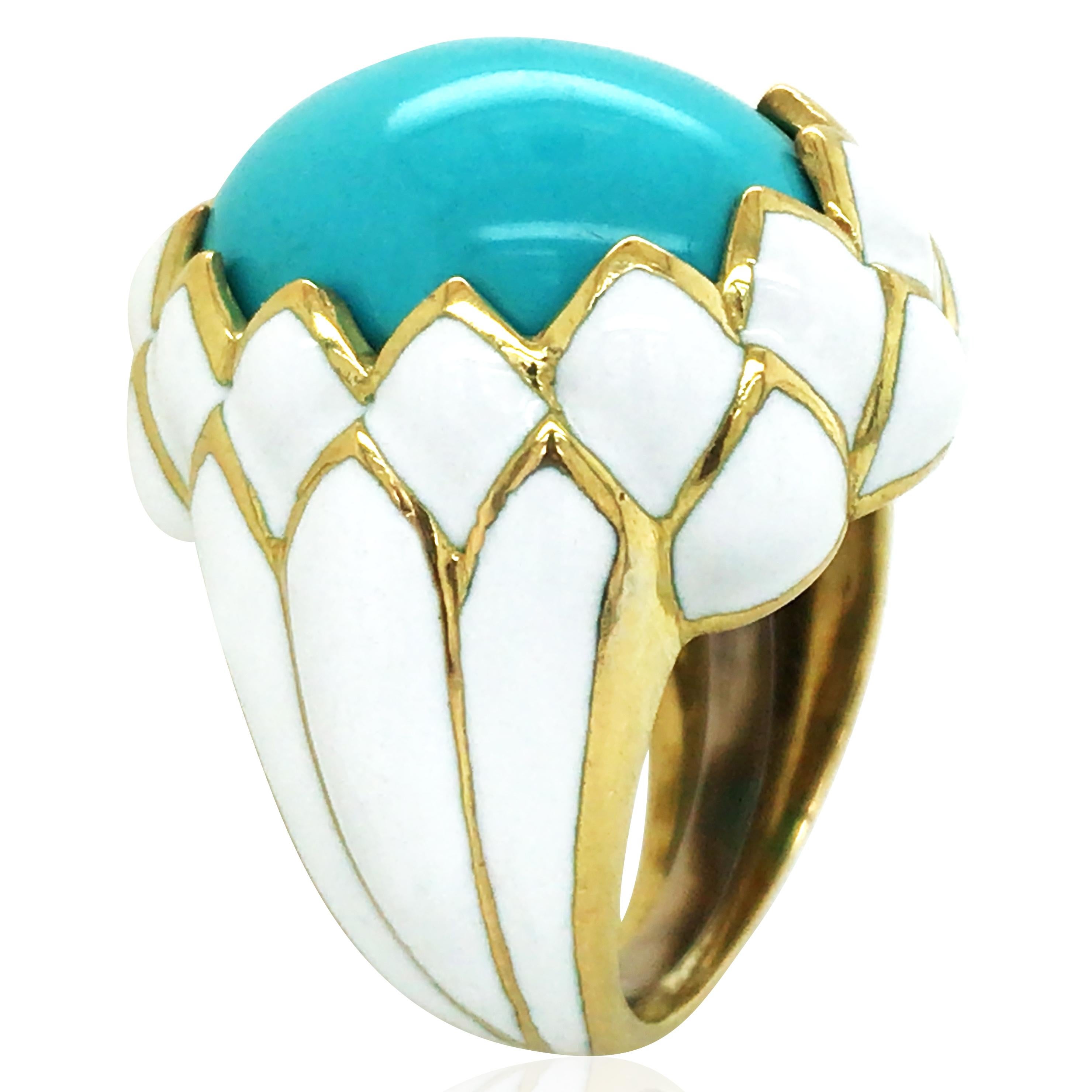 Centering an oval cabochon turquoise, bezel-set in a white enamel frame. Ring size: 6.5. 

Stamp: “18K”“©WEBB®”
Weight:27.55g