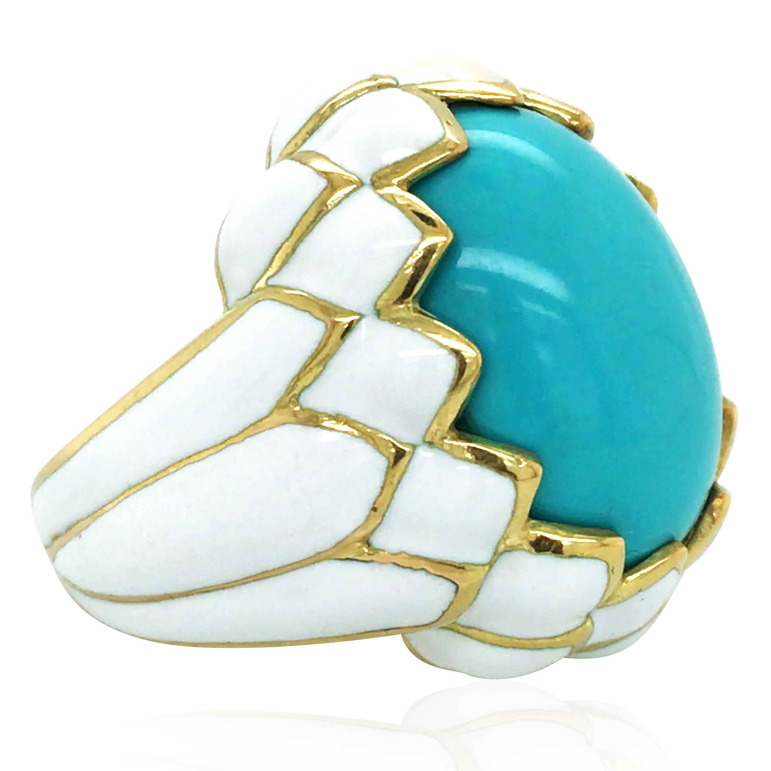 Cabochon David Webb, 18K Gold Turquoise Enamel Ring For Sale