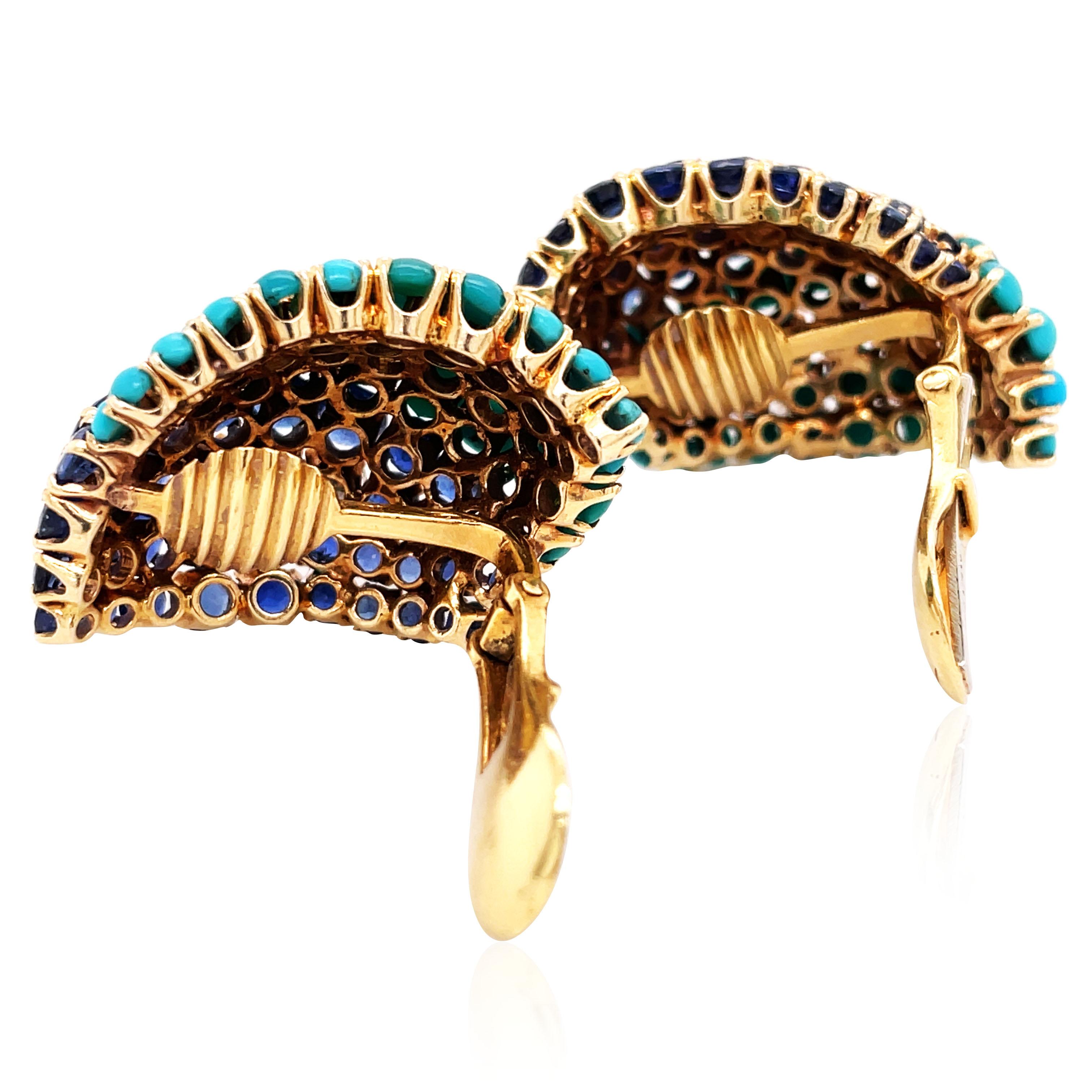 Taille mixte David Webb, boucles d'oreilles en or 18 carats, turquoise, saphir et diamant en vente
