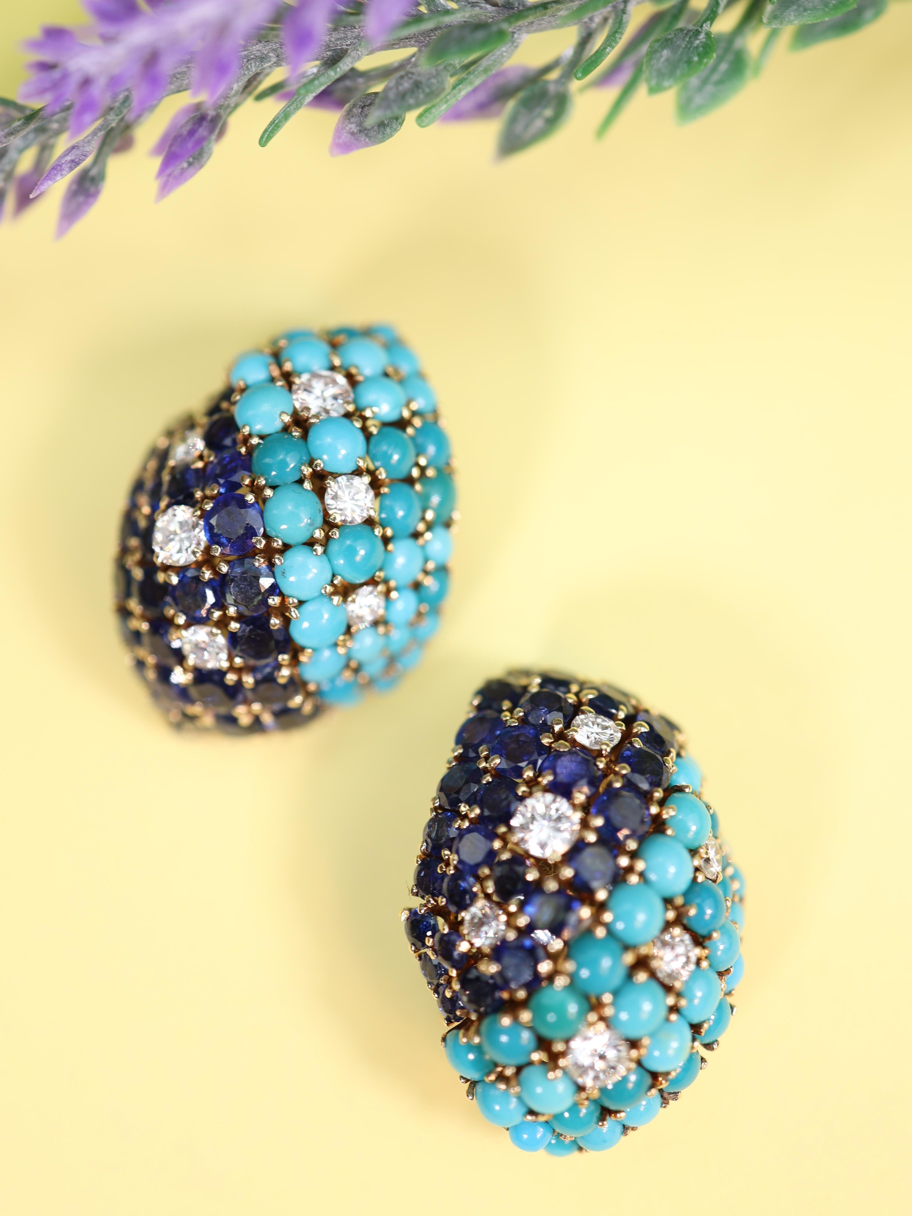 David Webb, boucles d'oreilles en or 18 carats, turquoise, saphir et diamant Pour femmes en vente